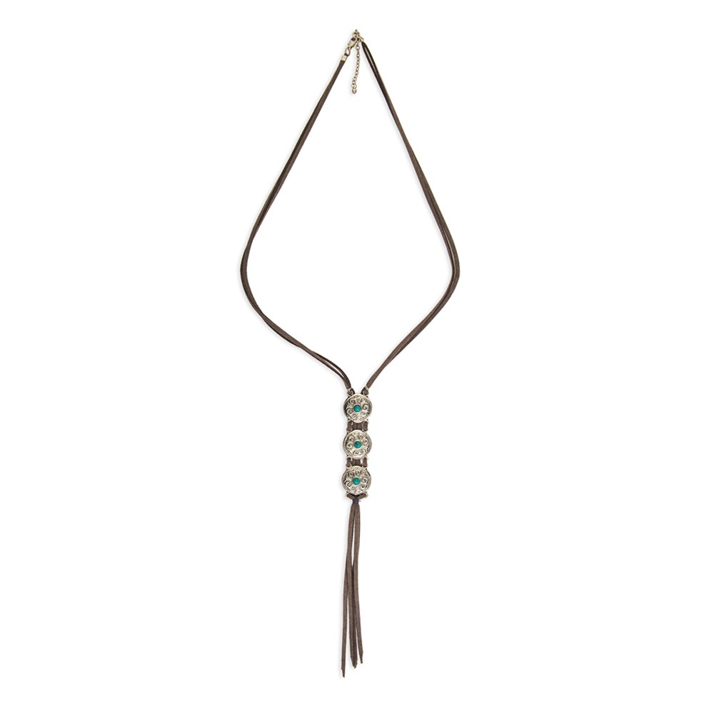 Myra Silver Mare Mini Concho Leather Fringe Bolo Necklace